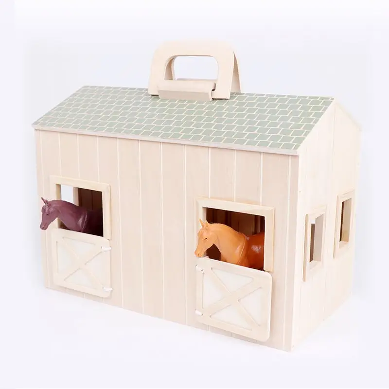 Wooden Educational Toys BSCI Factory Wooden Horse Stable Dollhouse Toy with Handle and Toy Horse
