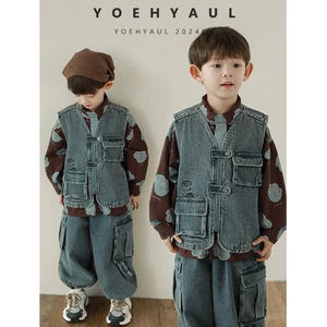 YOEHYAUL N5349 Dinosaur Series 5 Pieces Baby Boy Clothing Set Casual Denim Vest Jeans Hoodie Shirt Boy Child Outfit