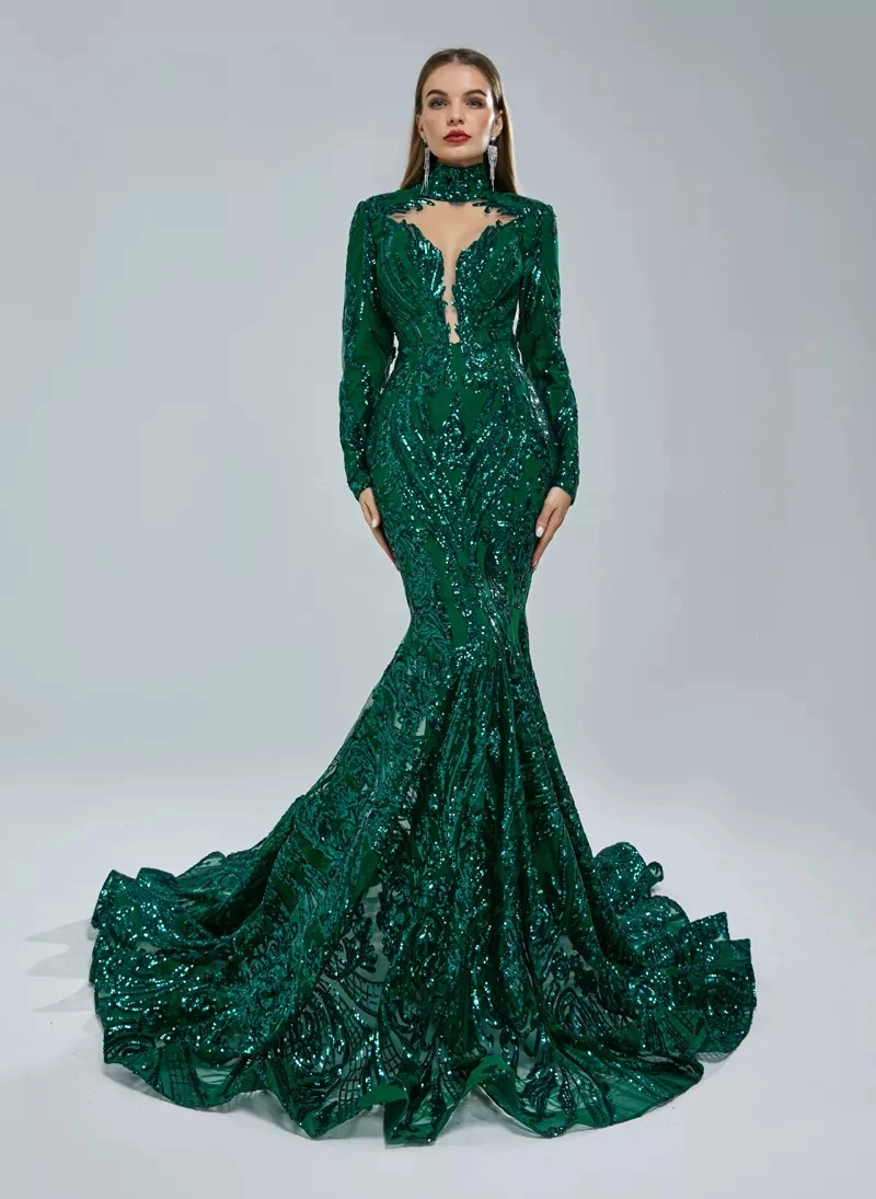 chinese dress ladies Modest Off-shoulder Ice-blue Long Sleeves Mermaid Long Lace Prom Dress –  SposaBridal main image 1