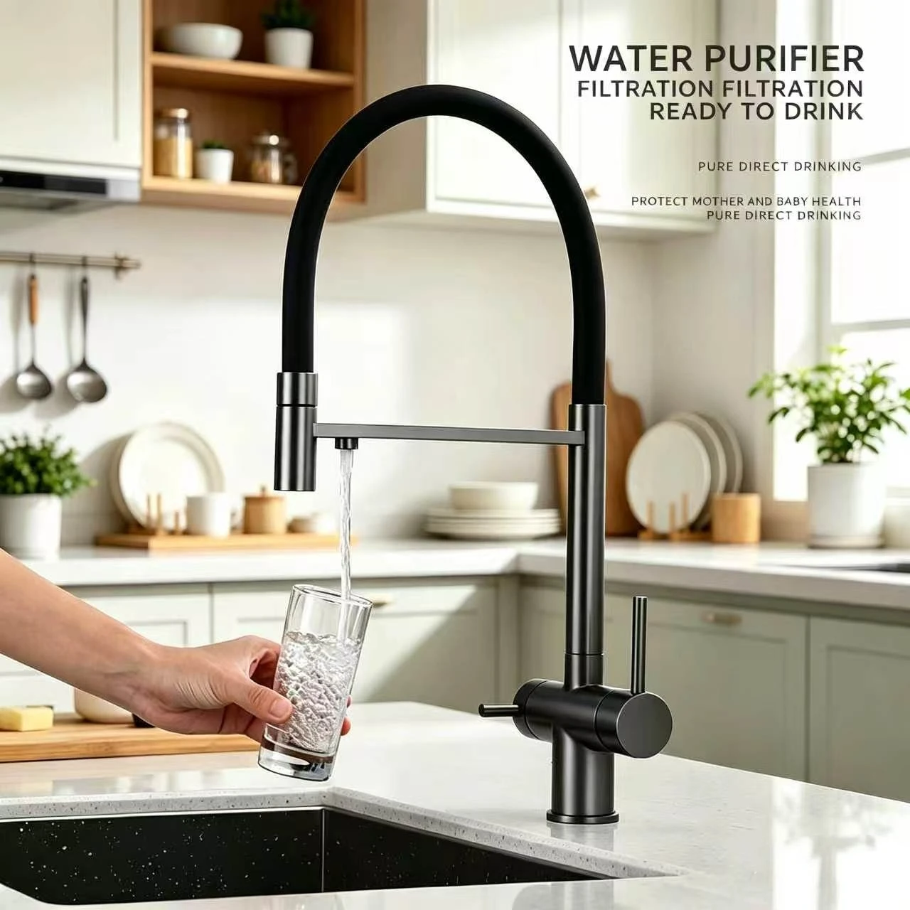 Stainless steel kitchen faucet with silicone components and rotating spout