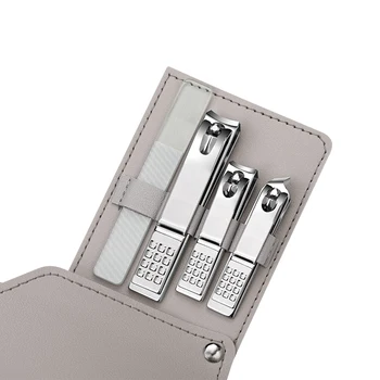 4-Piece Stainless Steel Nail Clippers Set Portable Leather Bag Cuticles Straight Blunt Blade Tip Curved Type Beauty Tool Plastic