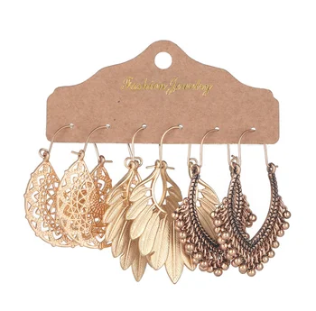 Vintage Boho Round Earrings For Women Brincos Leaf Gold Color Ethnic Earrings 2020 Fashion Dangle Earring Set Jewelry