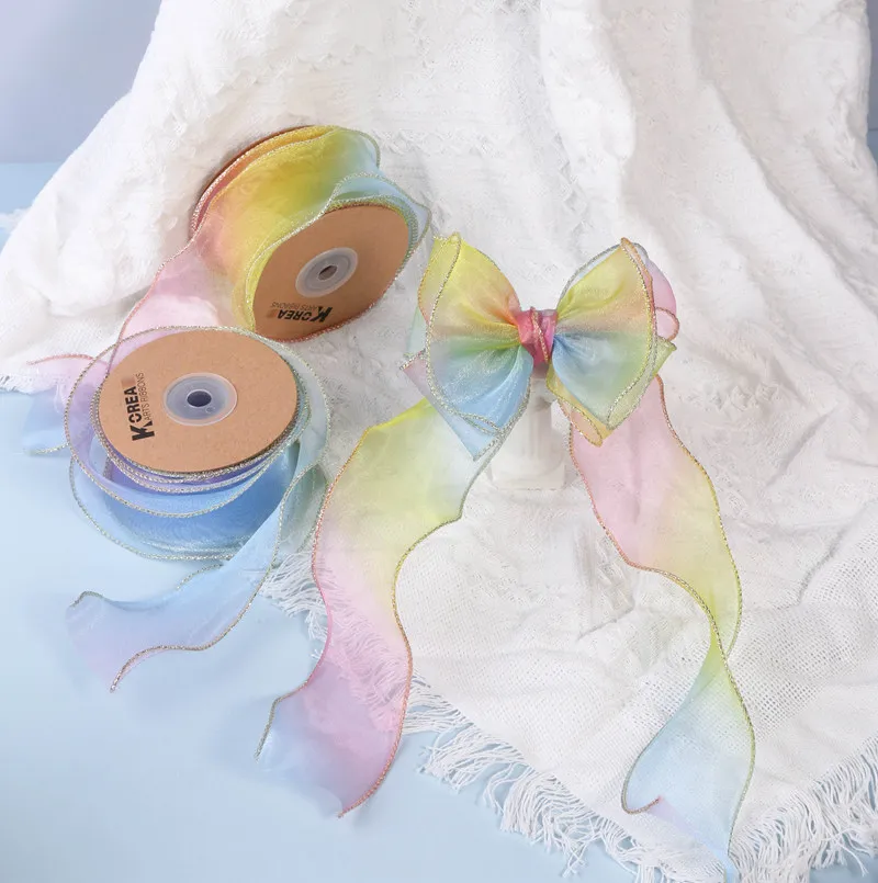 New Style 50MM Rainbow Gradient Color Golden Wired Edge Polyester Organza Ribbon