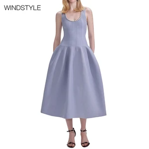 Summer Elegant Sleeveless Knit Dress French Socialite Neckline Diamond Trim Breathable Knee-Length for Birthdays Everyday Use