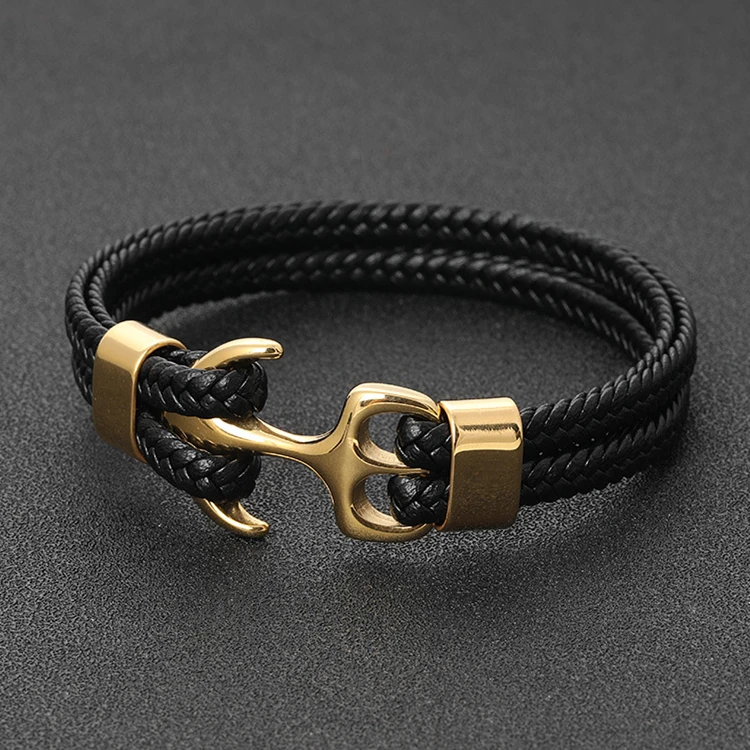 Adjustable Custom Stainless Steel Anchor Handmade Nylon Rope Braided Black Double PU Genuine Leather Men