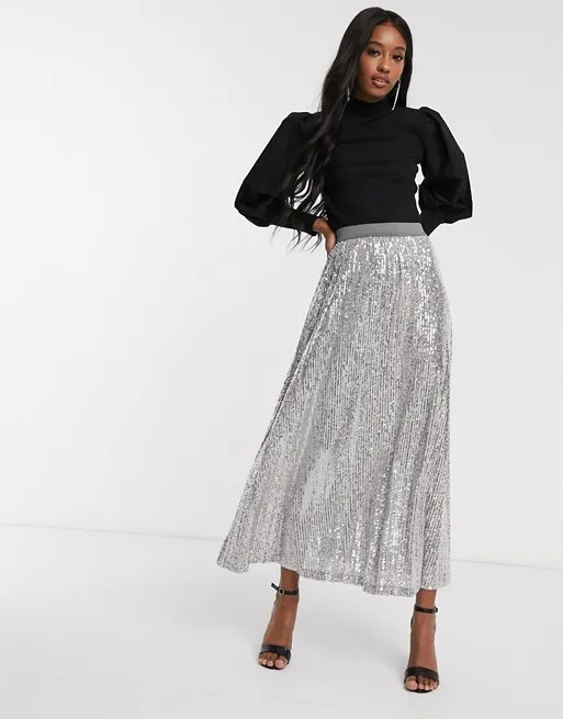 Custom Designed Grey Maxi Wrap Skirt No Shrink No Pilling Pleated Sequin Sustainable Knitted Fabric Natural Customer Label