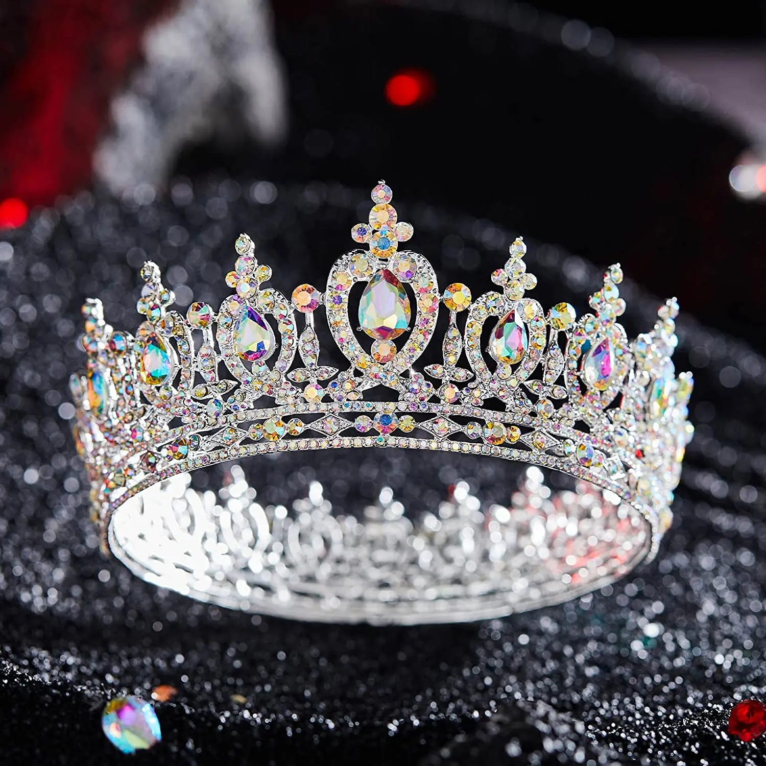 Wholesale Full Round Crown Queen AB Rhinestone Crystal Tiara Full Round  Pageant Crown
