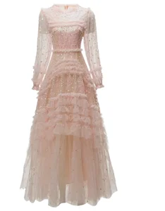 Customize Maxi Gown Dress Long Evening Party Pink Red Sequined Lace Flower Patterns Ladies' Special Occasion Zipper Ruffle