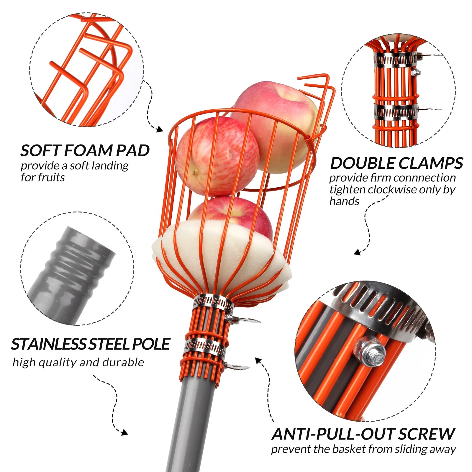 5.5ft Telescopic Fruit Picker with Stainless Steel Telescopic Pole 1.5m Garden Tool Fruit Picking Tools