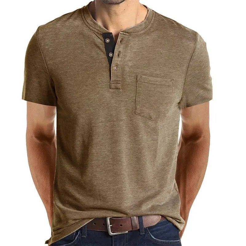 2023 Summer new button men's short sleeve t-shirt solid color loose collar polyester t shirt261_voghion.com