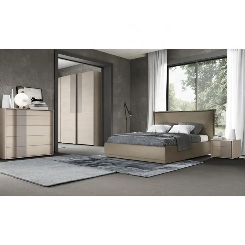 Wooden Fabric King Size Bed Set Melamine Furniture Bedroom Furniture Beds with 2 Meters Wardrobe