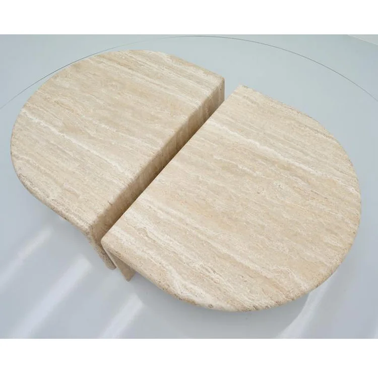 Set of Two Coffee Side Tables for Living Room  Beige Travertine Two Layers Twin Modern Coffee Table With Storage