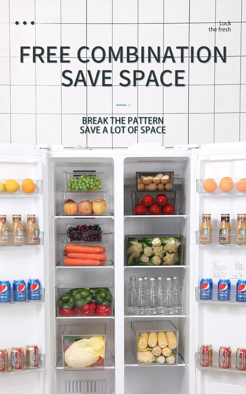 Modern ECO Friendly Transparent Refrigerator Beverage Cans Organizer Plastic Kitchen Storage Box With Lid For Seasoning Bottle