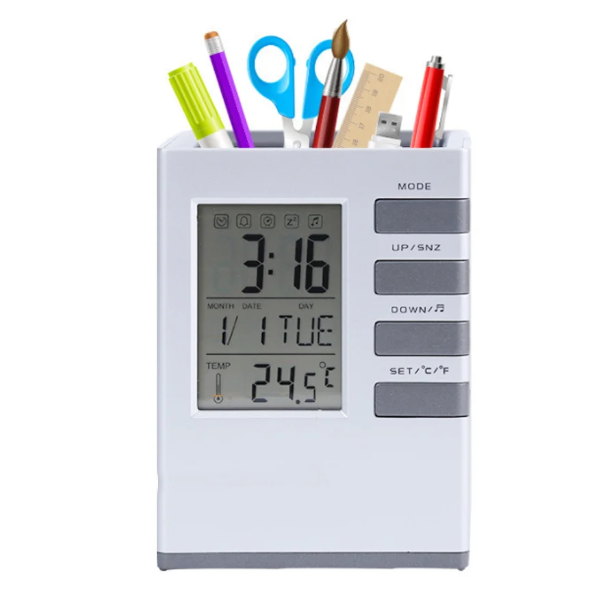 Office Plastic Alarm LCD Electronic Clock Pen Holder Brush Pot Container