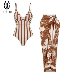 JSN 2026 New Design Customized V-neck Stripes Print Swimsuit Women's Two Piece Bikini Set with Swim Dress Fashionable Beachwear
