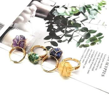 Adjustable Healing Crystal Ring for Women Natural Stone Handmade Wired Wrapped Rings Energy Charm Jewelry Gifts for Girls