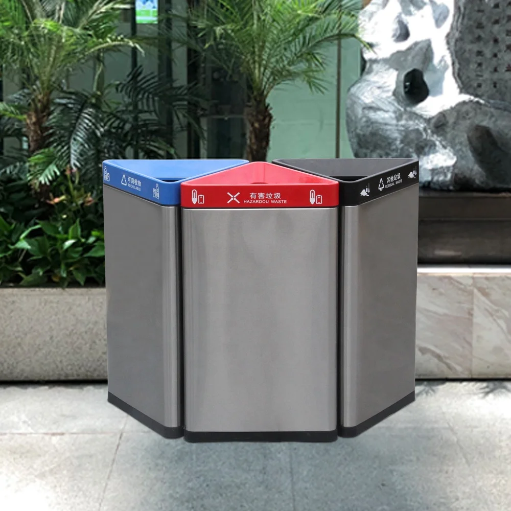 Triangular Trash Can Metal Garbage Container Trash Bin Stainless Steel Metal Recycle Bin Gabage Bin
