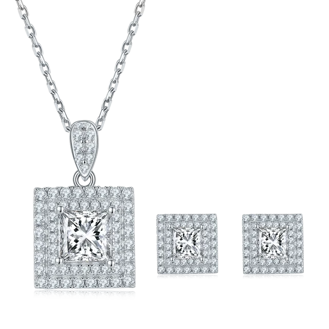 White Gold Plated 925 Sterling Silver Moissanite Pendant Stud Necklace Earrings Set Fine Jewelry Set