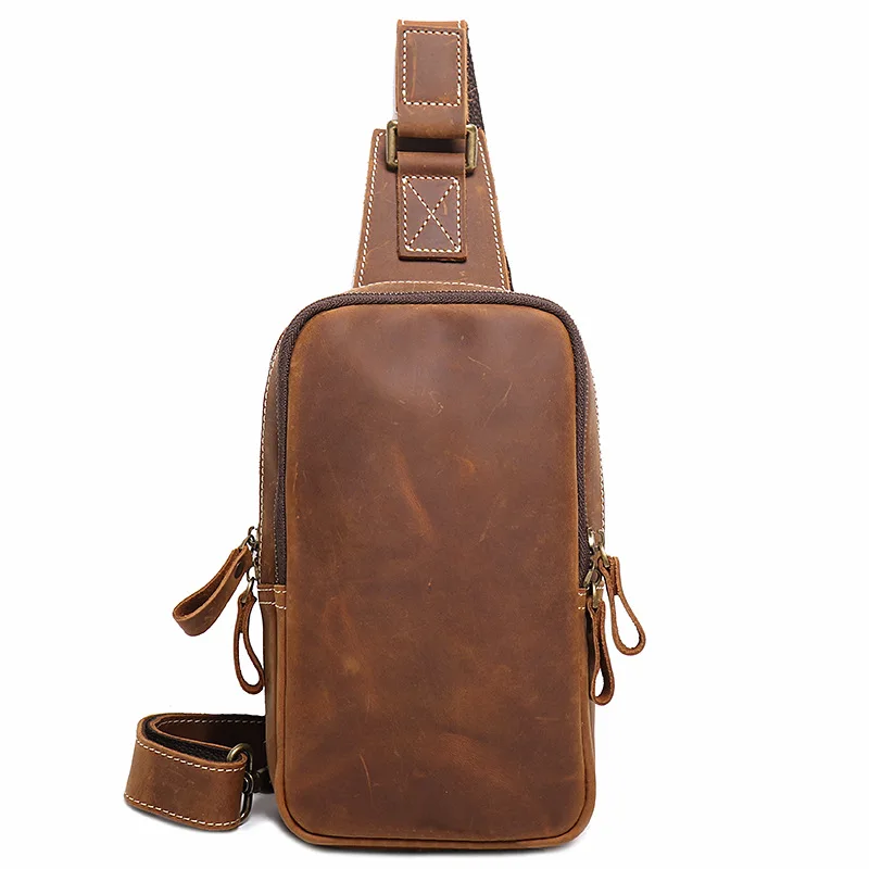 Men's leather body-fitting chest bag casual mad horse leather messenger bag large capacity single-shoulder leather bag