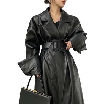 Long oversized leather trench coat for women long sleeve lapel loose fit Fall Stylish black women streetwear clothing