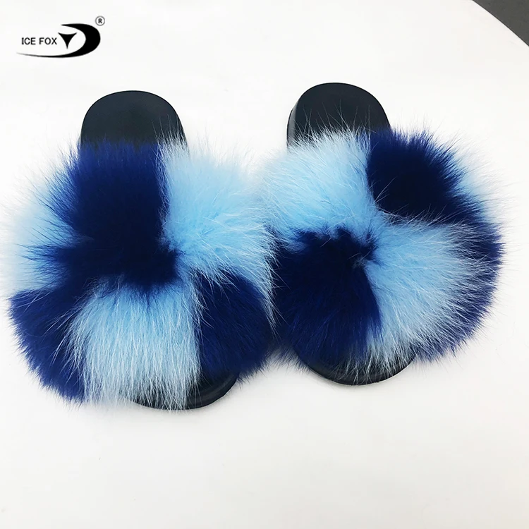 Женские меховые тапочки оптом, плюшевые тапки из натурального Лисьего меха, сланцы из лисьего меха для женщин