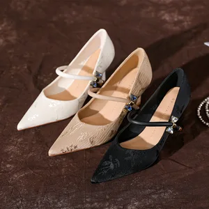 Cross-Border Custom High Heels for Women Factory Direct Thin Sheepskin Embroidery Cheongsam Word Belt Winter Season Model 3358-5