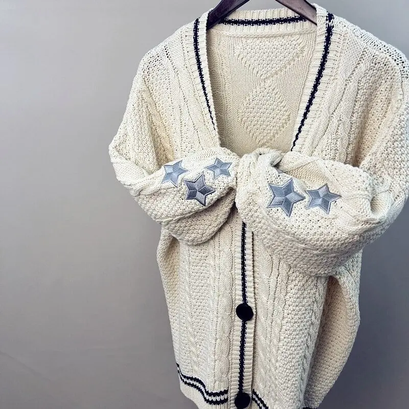 Schicke Vintage-Strickjacke mit Stern-Print, adrette, süße Knopfleiste, V-Ausschnitt, Langarm, Mantel, Herbst, Y2K-Ästhetik, Retro_voghion.com