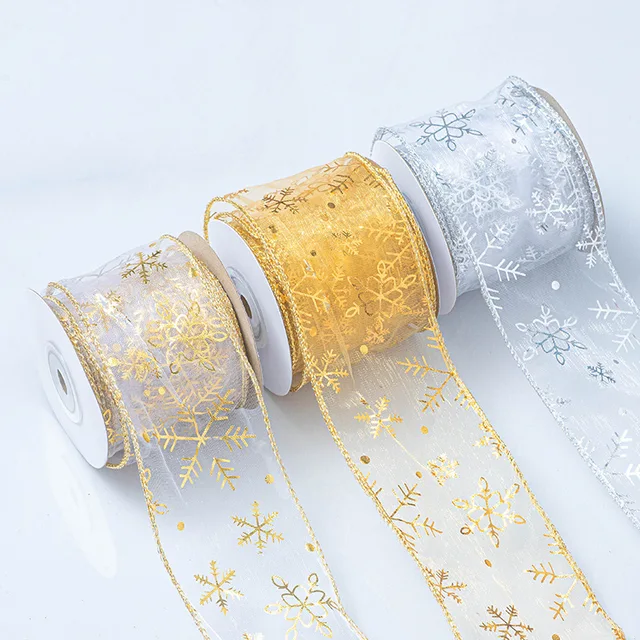 Christmas Gold Foil Transparent Ribbon Faux Linen Wire Edge Overcoat with Mesh Decoration and Bow Ribbon