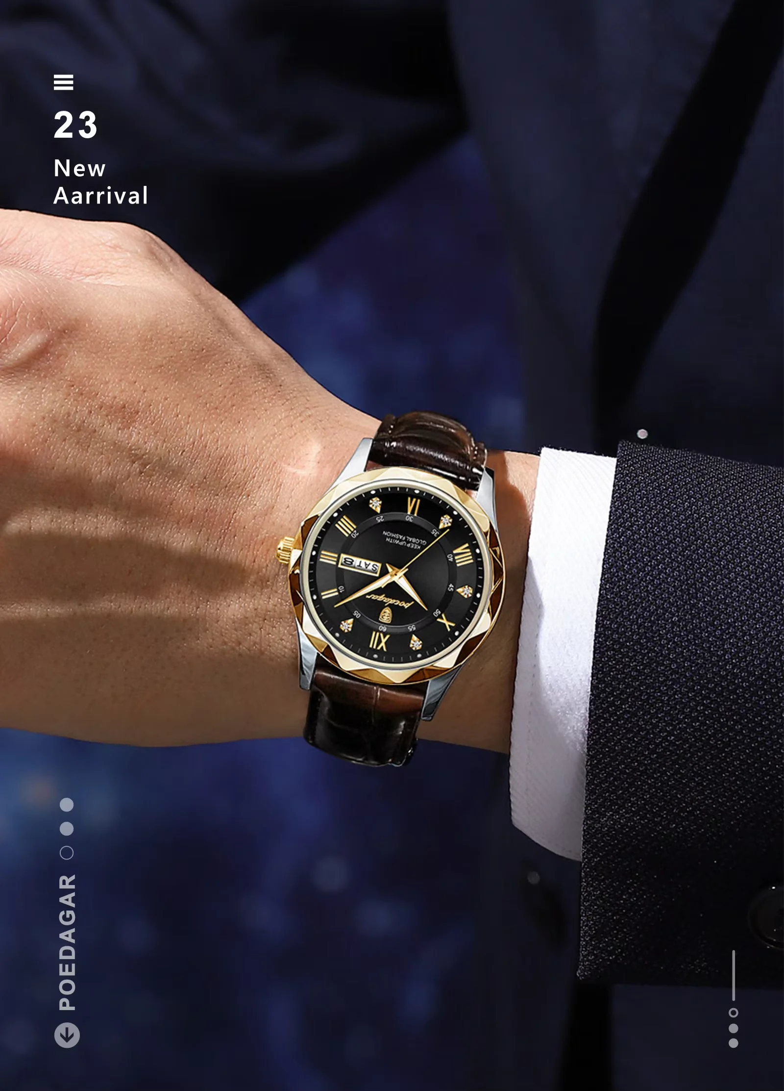 新款poedagar 615男士手表时尚潮流石英手表原装防水皮革手表男士约会