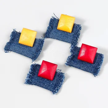2022 New Arrival Creative Denim Cloth Square Wooden Stud Earrings for Women Girl Fashion Jewelry Wholesale
