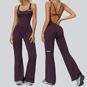 Womens Flare Jumpsuits One Piece Workout Romper Square Neck Backless Wide Leg Sports Gym Jumpsuit