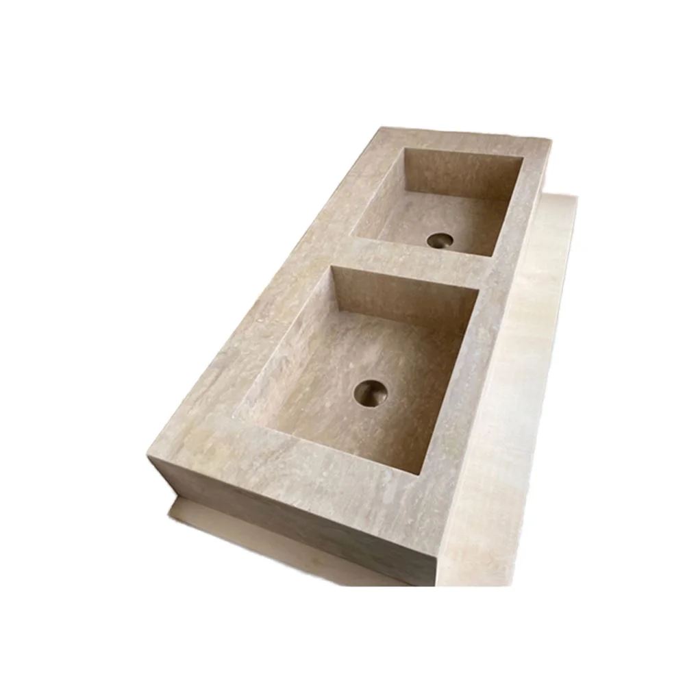 Modern Elegant Polished Travertine Integrated Basin Sink Waterproof Feature for Villas' Bathroom and Shower Room
