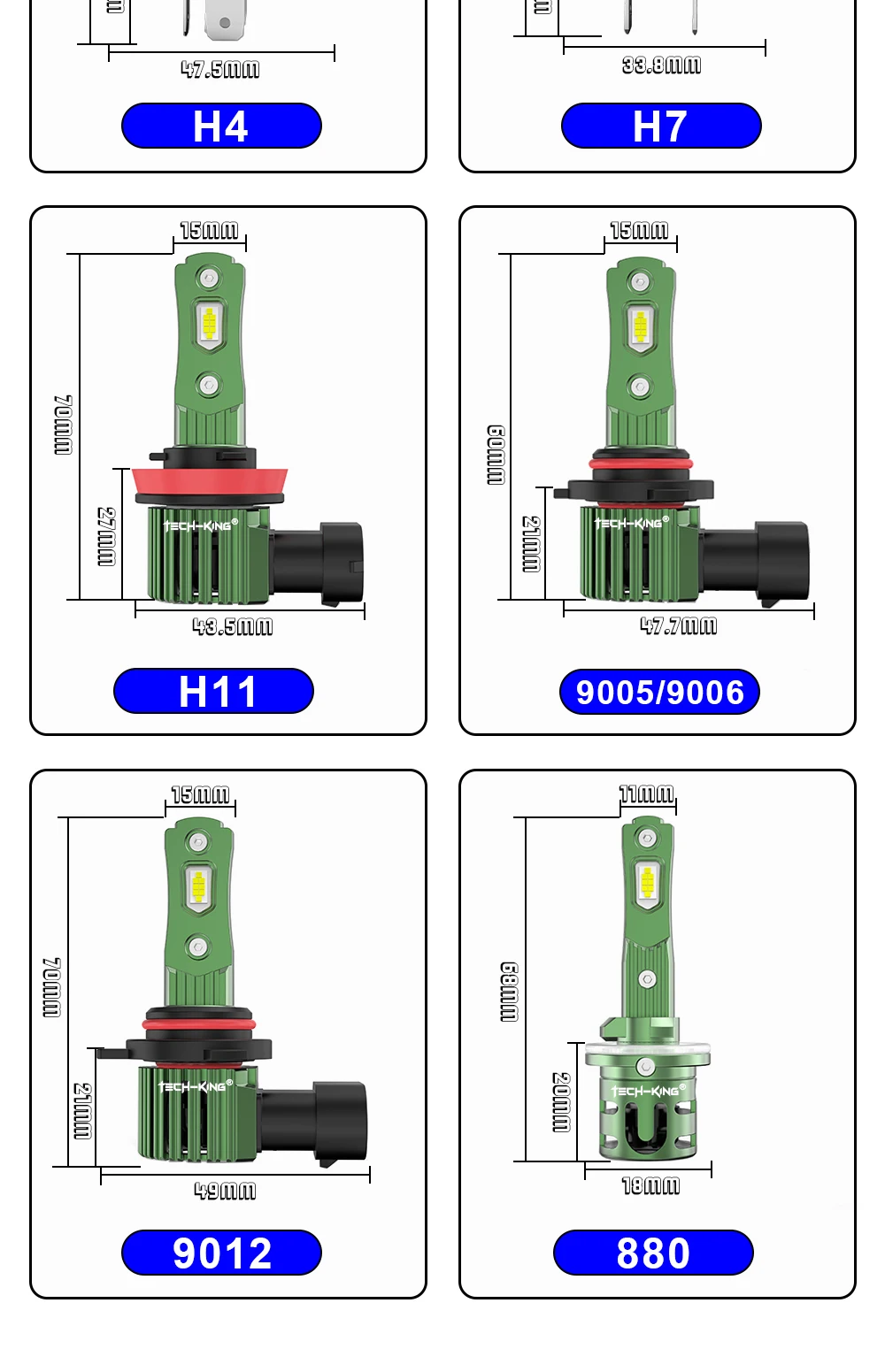 TECH-KING Super Bright R18 70W 7000LM Mini Size 13v H7 Led Plug and Play Headlight 1:1 Car H4 H1 H7 9005 9006 Led Headlight Bulb