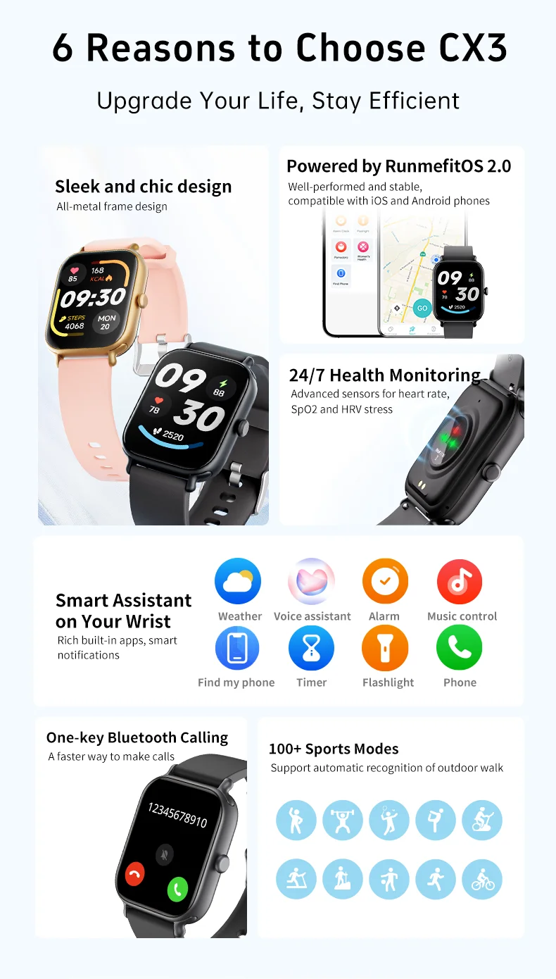 CX3 Smartwatch for Men Women 2 Inch Touch Screen BT Calling Heart Rate Sleep Tracking IP68 Waterproof Sport Bracelet Smart Watch