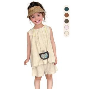 Custom Summer Baby Sets Linen Sleeveless Top+shorts Kids Outfit Set with Label