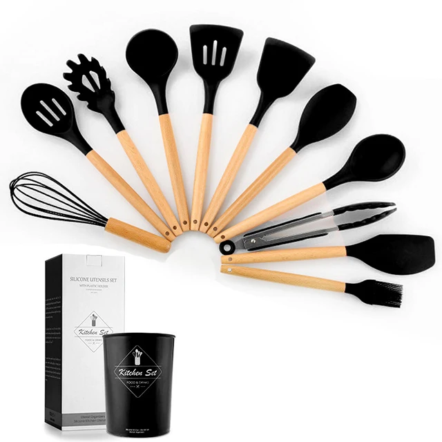 Silicone Kitchen Utensils Set - 11 Pcs BPA Free Cookware with Wooden Handle and Holder