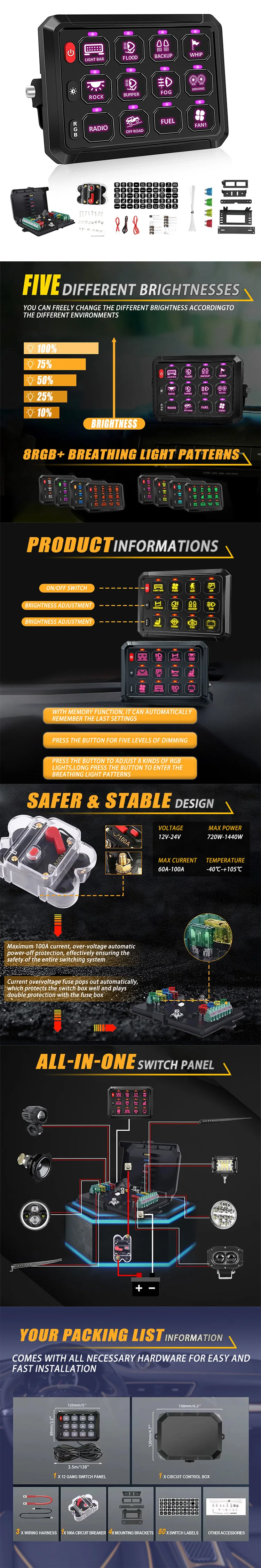 Newest Auto Car Switch Box 12v 24v,Off Road Light Rgb 12 Gang Switch Panel Rgb With Overload