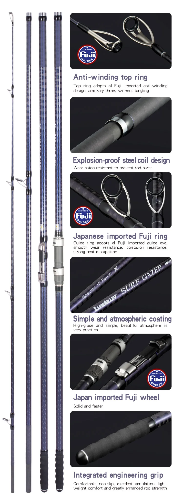 New Arrival 4.2m Fuji Kw Guide 3 Sections Toray 30t Carbon Fiber Surf