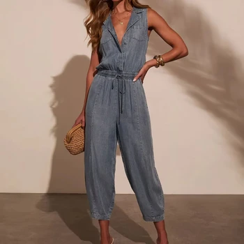 2025 European and American Cross-border Foreign Trade Women's Summer New Independent Station Casual Washed Thin Denim Jumpsuit 8
