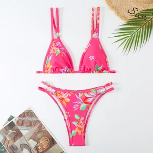 OEM Custom New Sexy Floral Print Cut Out Two Piece Bikini Beachwear Triangle Double Strap Swimsuit Women Swimwear