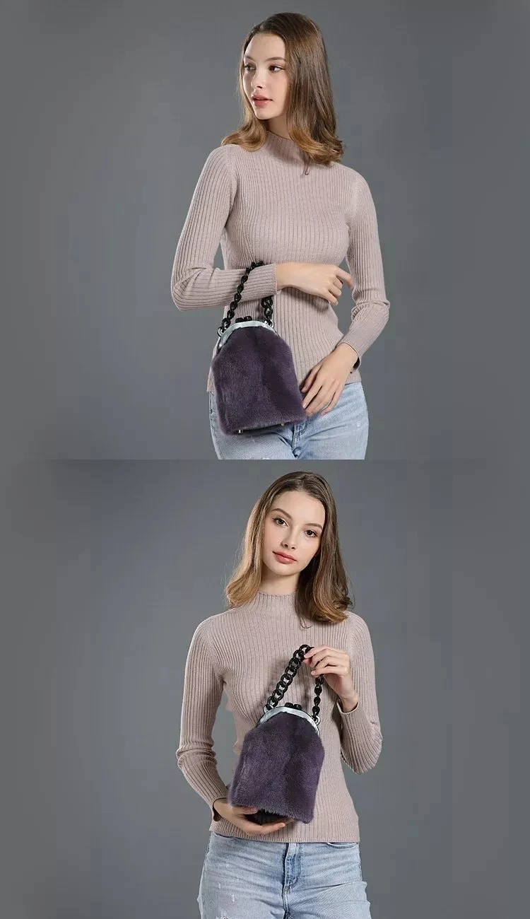 Luxury Real Mink Fur Handbags Genuine Cow Leather Winter Messenger Bag For Women