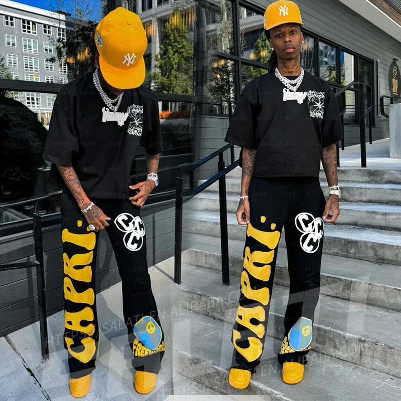 Custom Streetwear Jean Pant Heavyweight Cotton Embroidery Applique Patches Baggy Stacked Denim Jean Vintage Denim Flare Pant Men