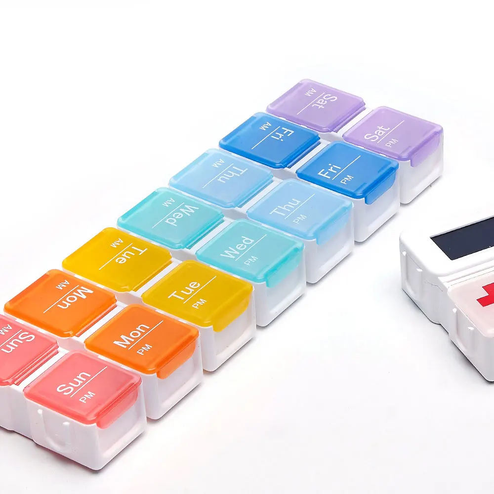 New 2024 Bpa Free One Week 14 Compartment Pill Box With clear Electronic Timer Vitamin Fish Oil Supplement Organizer