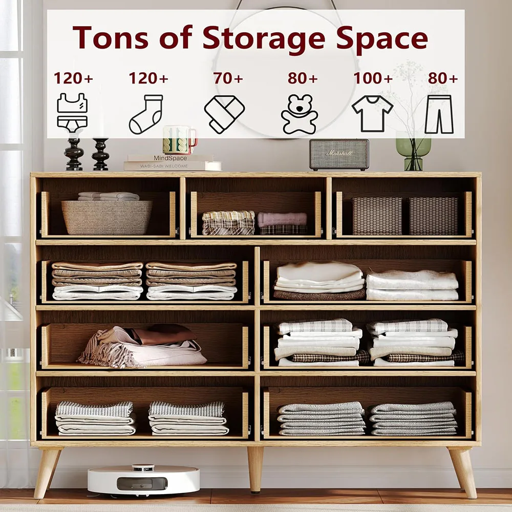 product 9 drawers modern dresser bedroom chest with metal handles wooden storage organizer rattan mdf panel living room hallway natural-1