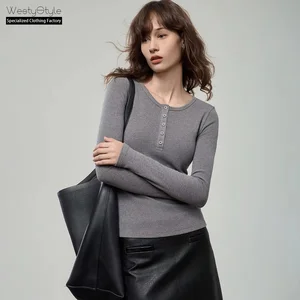 Henry Women's Skinny-Fit Long-Sleeved Viscose T-Shirt Autumn Casual Plain Dyed Knitted Fabric Button Decoration Anti-pilling