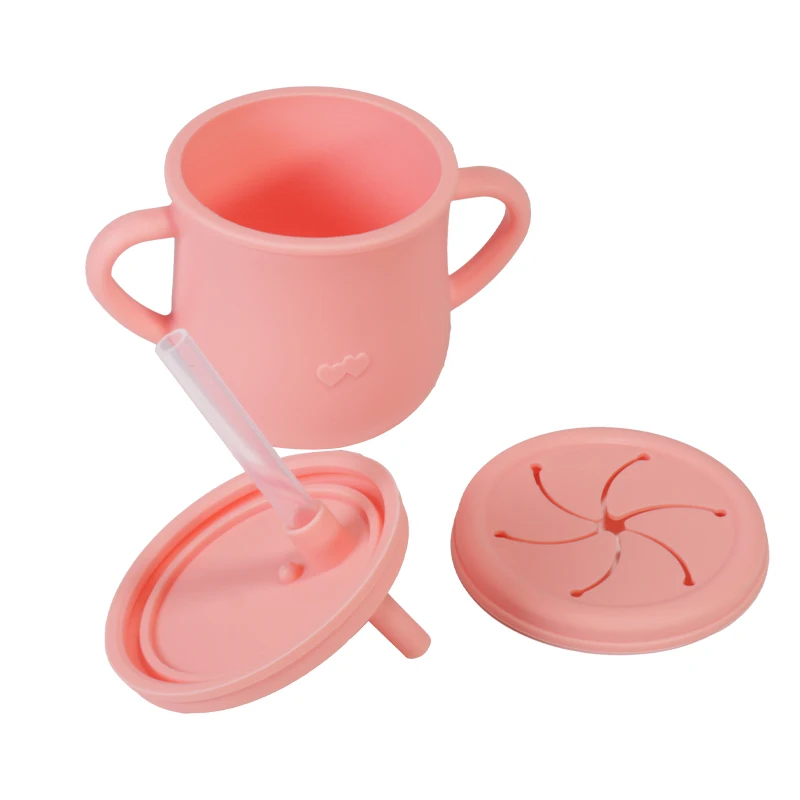 Customized Non Spill Toddler Drink Training Cup 2 Lids Sublimation Kids Baby Silicone Snack Sippy Cup With Straw