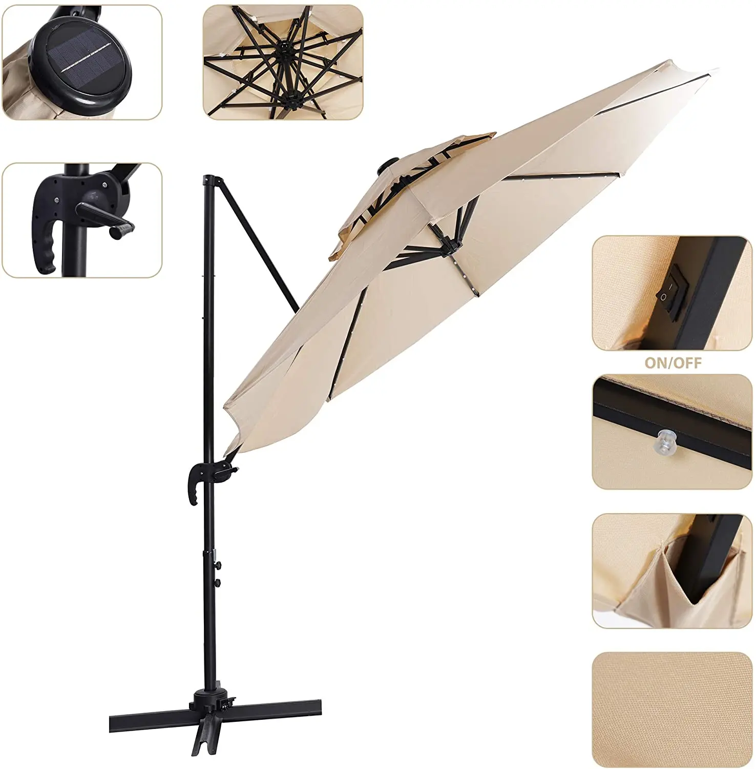 Durable 10 Ft Double Top Solar Led Outdoor Umbrella Hanging Cantilever ...