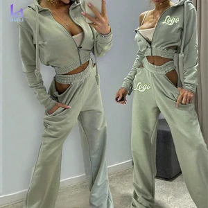 Huili Vintage Zip up Hooded Ctop Top Jacket Baggy Pants Custom Ripped Cutout Waist Two Piece Sweatpants and Hoodie Set for Women
