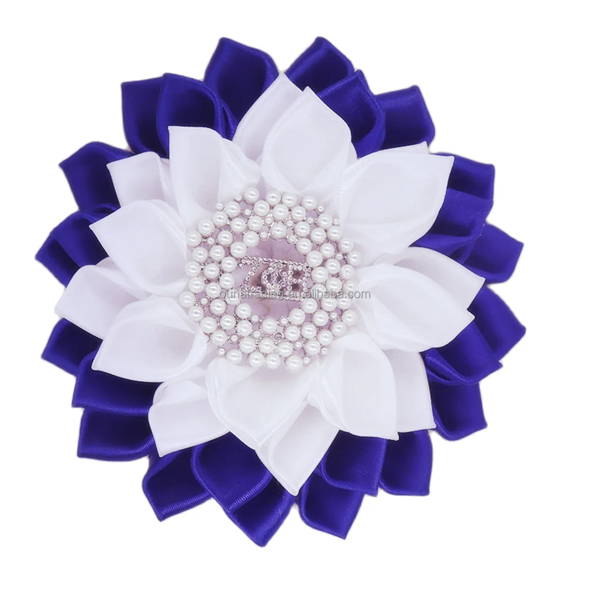 Luxury Rhinestone And Cluster Pearl Flower Brooch White Blue Ribbon ...