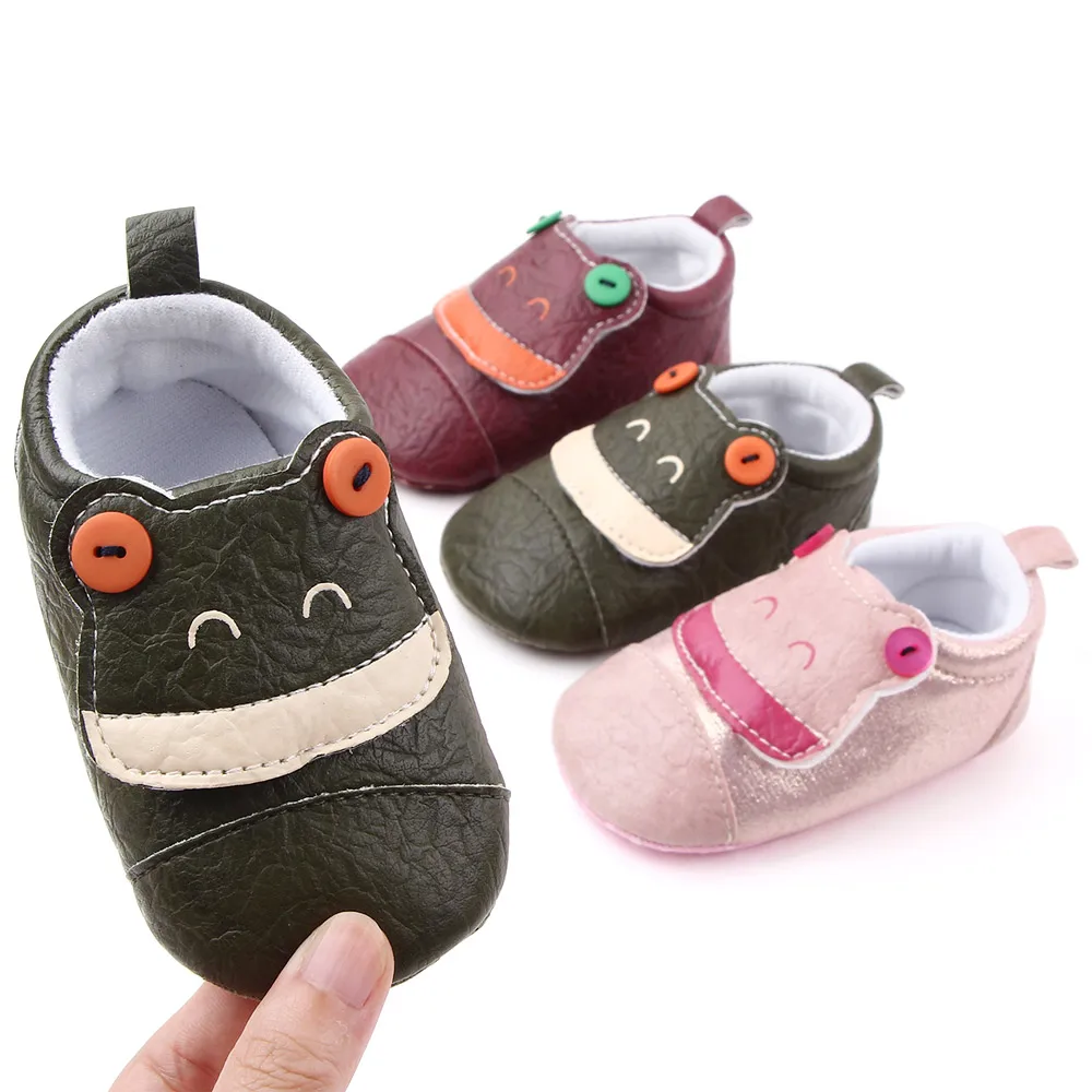 Cute Cartoon Animal Solid Color Pu Leather Buttons Small Frog Soft Soled Baby Walking Shoes